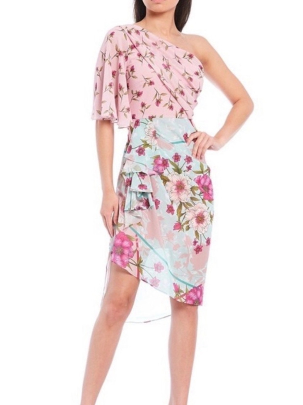 Belle Badgley Mischka One Shoulder Floral Asymmetrical Cocktail Dress